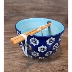 TAG Noodle Bowl Daisy Chopstick Set Ramen Blue Stoneware Bamboo New With Tags